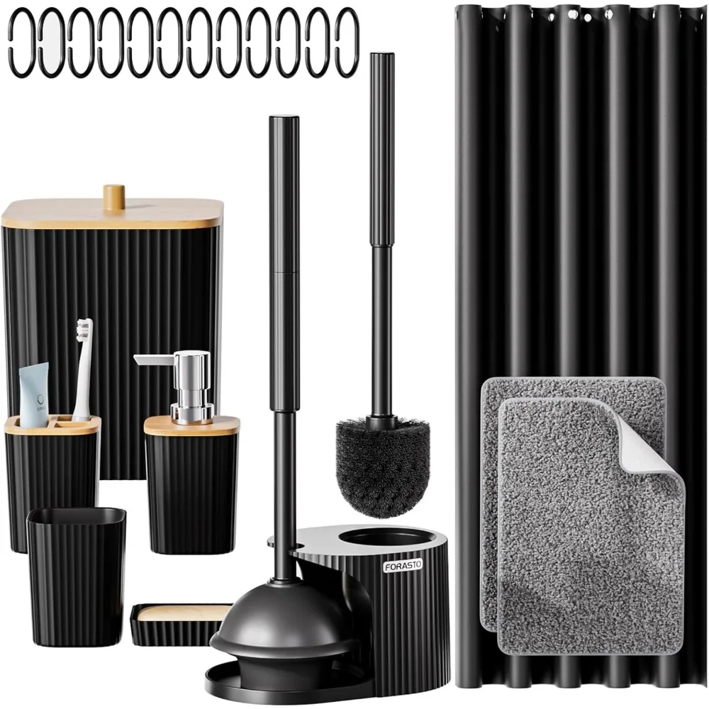 

Набор аксессуаров для ванной комнаты - 22 шт. Наборы для ванной комнаты с занавеской для душа и ковриками, набор туалетных щеток и плунжеров 2 в 1, мусорное ведро, мыло d