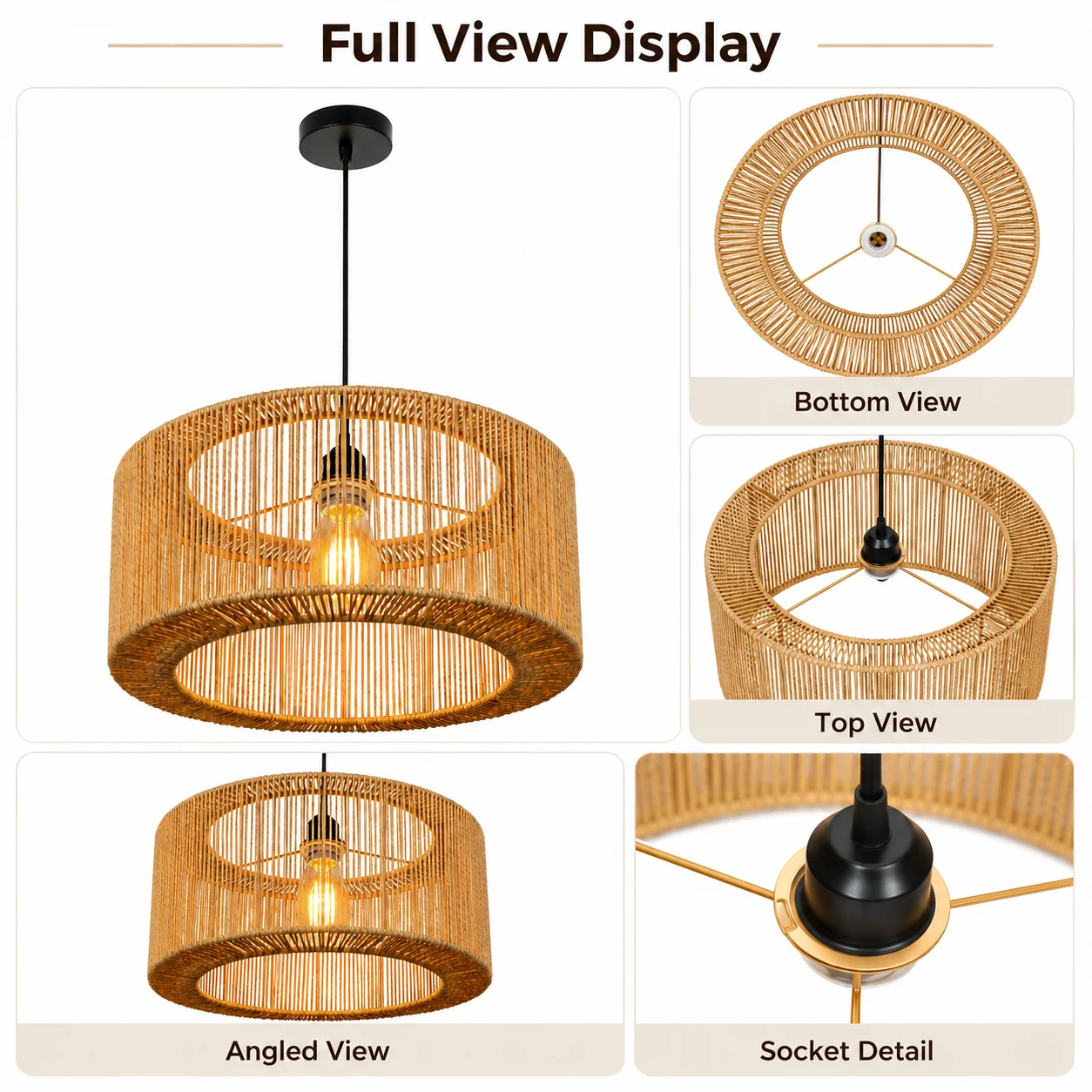 JOYINLED Boho Rattan Pendant Light 40CM Vintage Ceiling Light Woven Paper Rope Pendant Lamp for Dining Table Living Room Bedroom