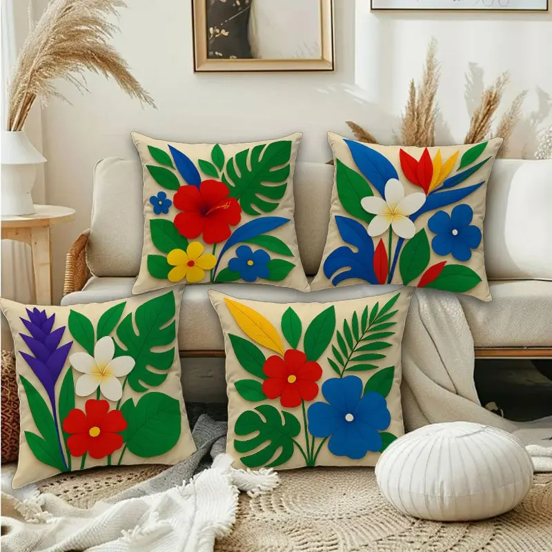 Tropical Flower Pillow Covers Hibiscus Plumeria Monstera Decorative Throw Pillow Cases Exotic Home Decor for Sofa Bed, No Insert