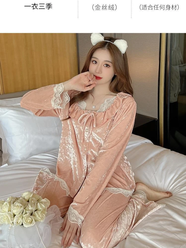 المخملية منامة مجموعة النساء الخريف الشتاء ملابس خاصة الأميرة نمط الدانتيل تقليم ملابس المنزل طويلة الأكمام بنطلون 2 قطعة المتسكعون