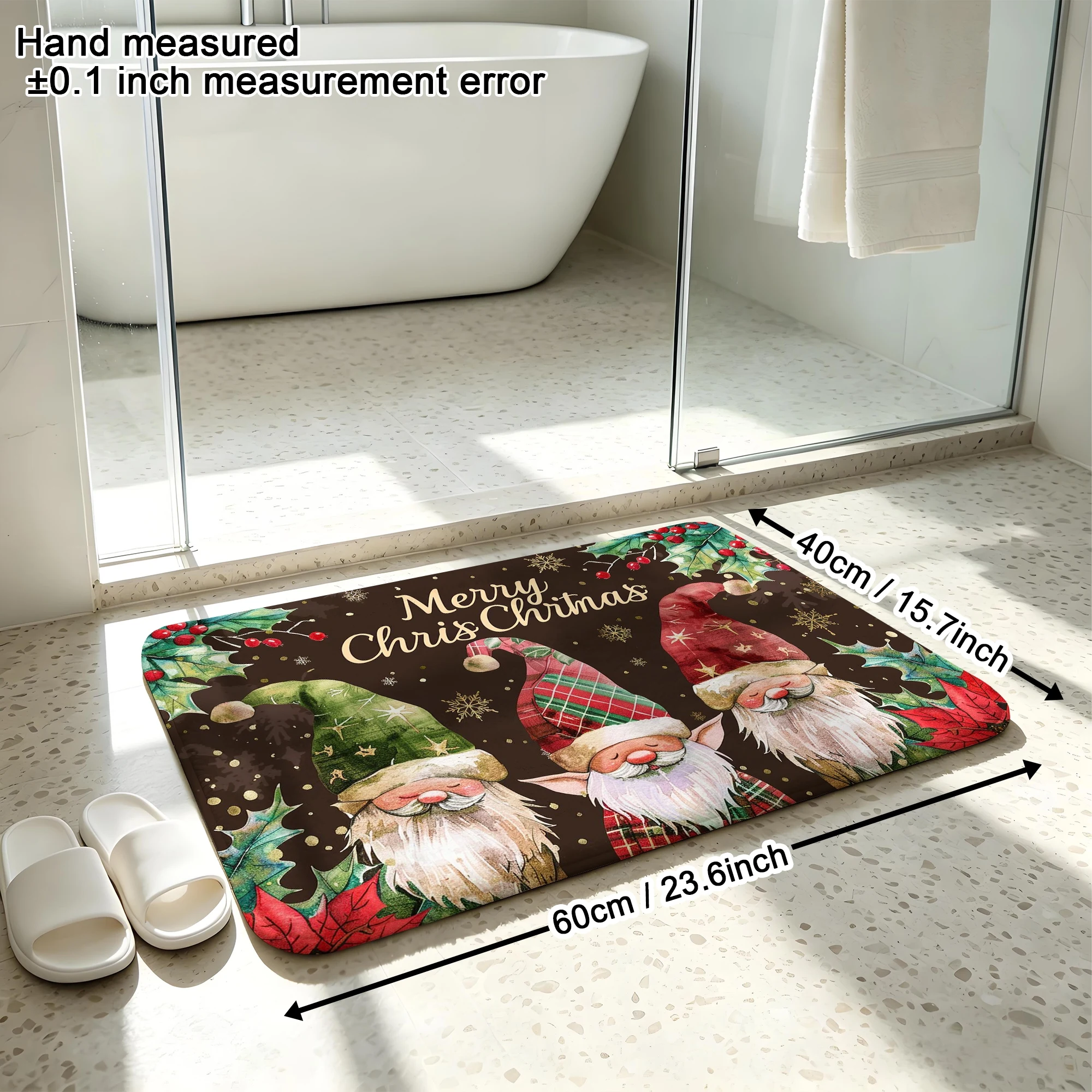 Watercolor Plaid Gnome Holly Poinsettia Print Plush Absorbent Sponge Mat,Bathroom Non‑Slip Mat & Decorative Door Mat