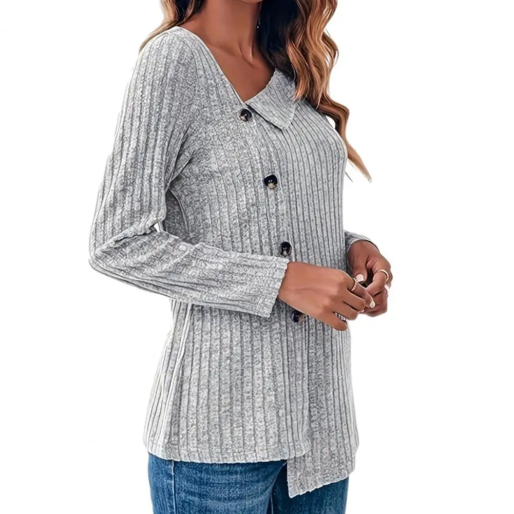 Fall Spring Top Slant Neck Oblique Irregular Single-breasted Buttons Long Sleeve Knitted Soft Elastic Sweater Blouse