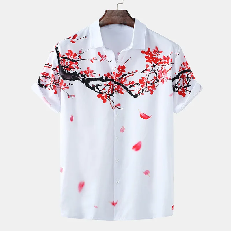 

2024 Summer New Southeast Asian European and American Men's Casual 3D Printing Ink Painting Plum Blossom Short sleeved Shirt