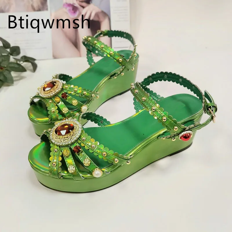 

Green Luxury Rhinestone Sandals Woman Open Toe Red Diamond Platform Wedges High Heels Lady Sexy Party Shoes