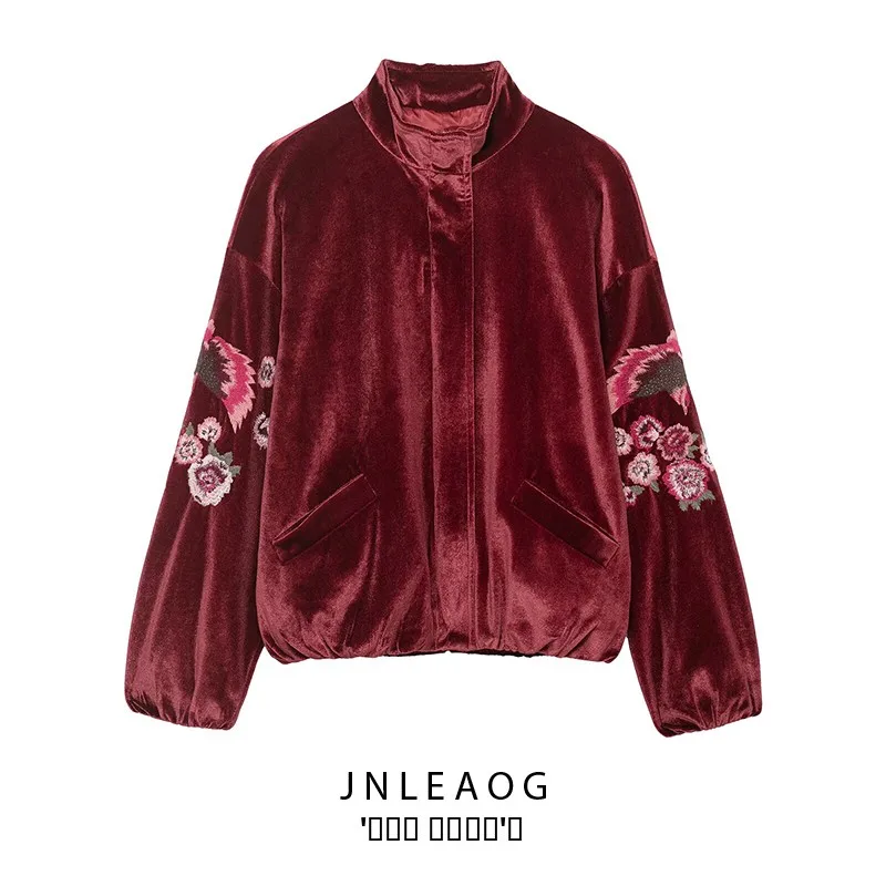 

JNLEAOG Pure Color Velvet Embroidered Jaet Women's Faion Versatile Autumn New Arrival Stand Fit Polyester Long Sve ...