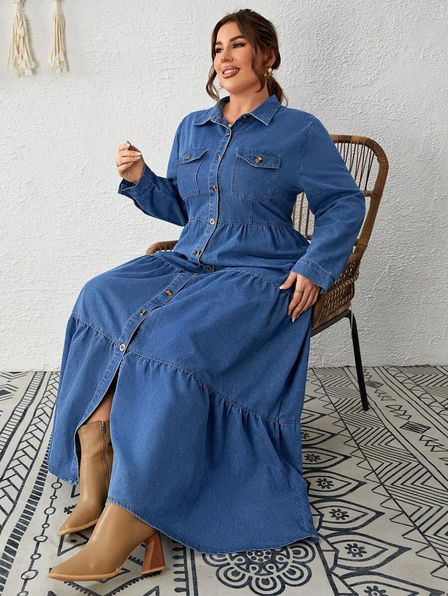 Robe en jean femme col rabattu appliques vue complète