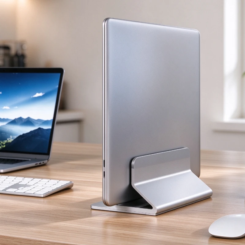 Adjustable Aluminum Vertical Laptop Stand with Tool Free Width Control, 11 to 32mm Range plus Compact Desktop Storage Design