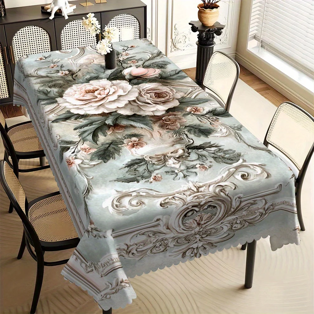 Peony Tablecloth, Antique Rococo Peony Floral Print Cover, Anti-stain Table Cloth, Decor for Dining & Wedding Theme Party Table