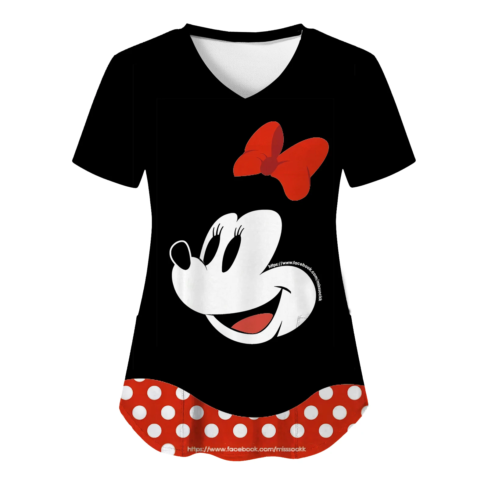 Kaus saku seragam suster wanita atasan kaus rumah sakit Mickey 2024 kaus Wanita atasan leher V baju wanita Minnie Mouse Disney