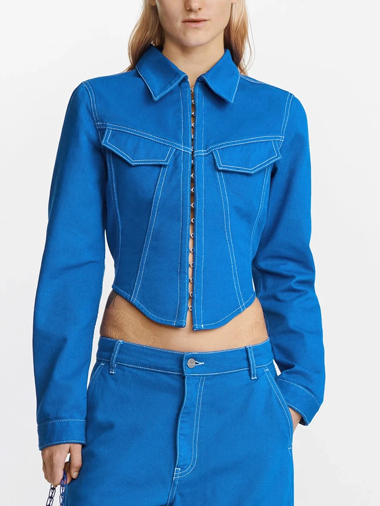  Brand Slim Fit Short Denim Jacket Dion Fishbone Waist Hook Button Casual Commute Style Polyester Cotton Blend Jacket