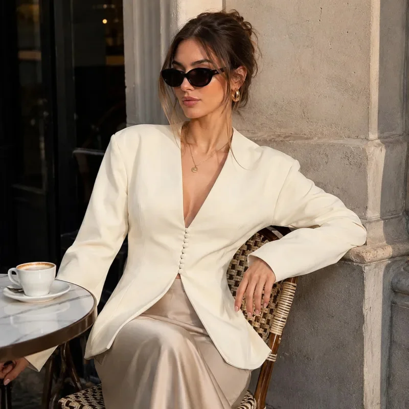Women Deep V Neck Blazer Jacket Apricot Button Front Fitted Waist Long Sleeve Elegant Office Lady Autumn Fashion Suit Outerwear