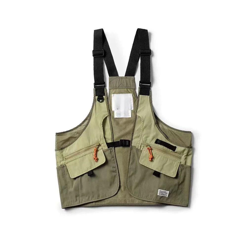Customizable Logo High Street Cargo Vest Men Women Outdoor Multi Pocket Tactical Fishing Vest Casual Stylish Color Block Jacket