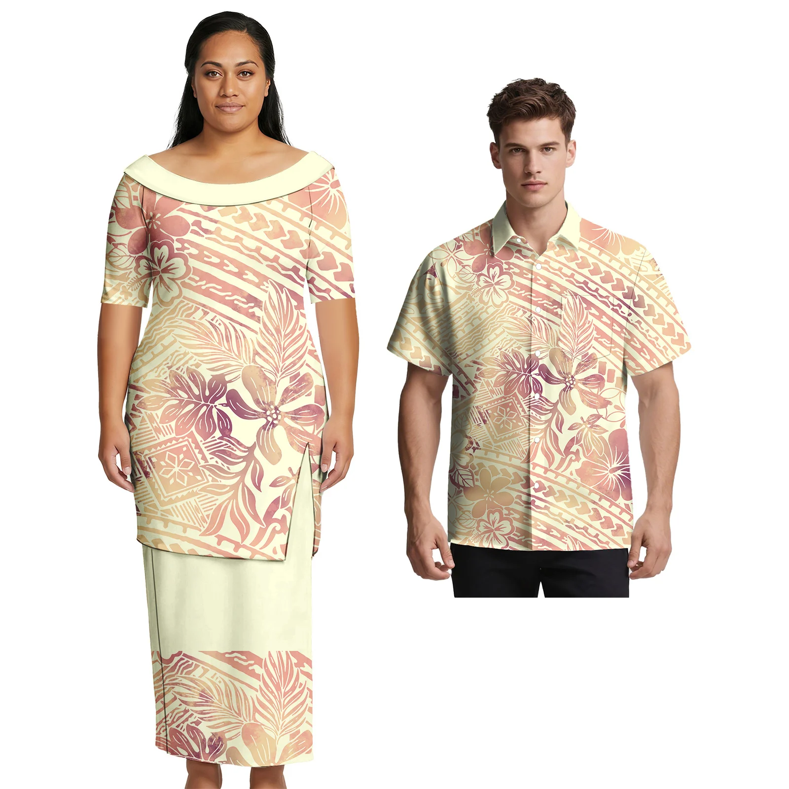 

Унисекс-костюмы с гавайским принтом Плумерия: парные наряды в полинезийском стиле, оверсайз юбки для женщин и рубашки для мужчин, комплекты для пар.