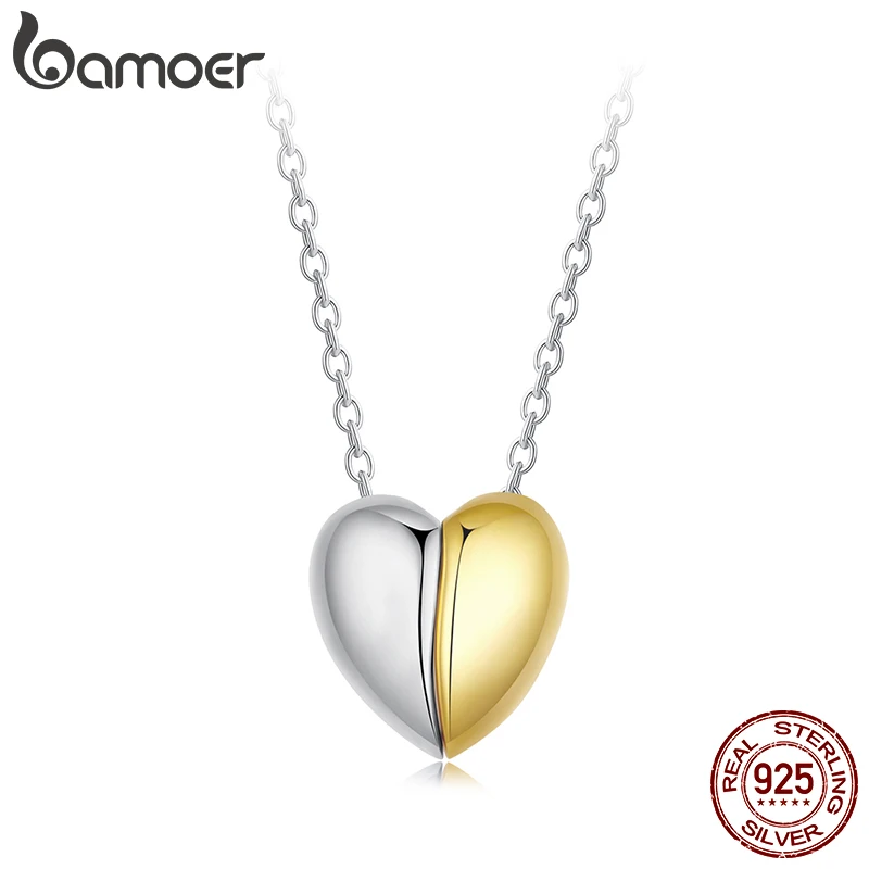 

Bamoer Bicolor Heart Pendant Necklace 925 Sterling Silver Unique Two Hearts Fall in Love Design Necklace Women Fine Jewlelry