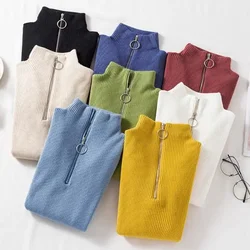 Autumn Winter Turtleneck Zipper Inner Wear Sweater Women's Long-Sleeved Slim Sweater Outer Wear