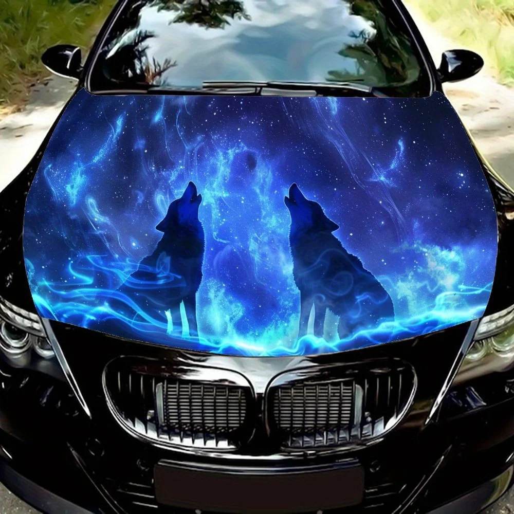 

Breathtaking Blue-Flamed Wolf Car Engine Hood Vinyl Wraps Sticker, Auto Exterior Protection, Waterproof Self-adhesive Vehicle De