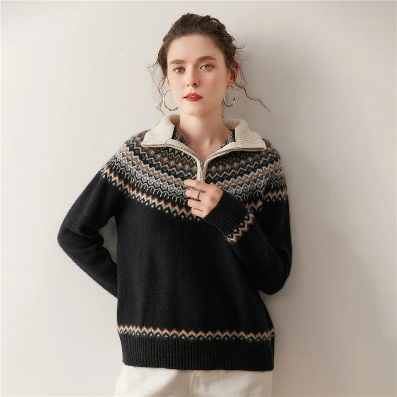 

Women's Cashmere Sweater Polo Collar Zippers Pullover Retro Fair Isle Style Autumn Winter Thick Raglan Sleeve 100% Cashmere Knit