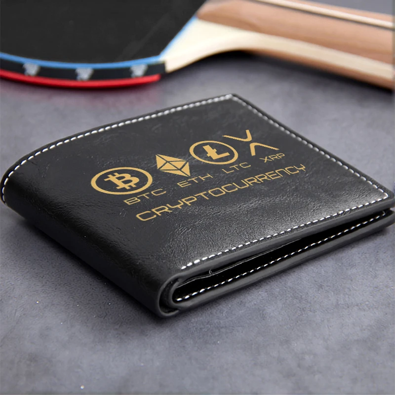 Cryptocurrency Wallet Men PU Leather Compact Design Bitcoin Ethereum Litecoin XRP Logo Lightweight Durable Business Style