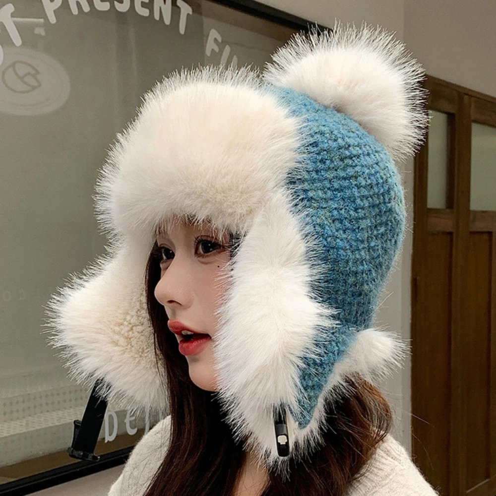 Gorro ruso HT4915 Ushanka, gorro de piel grueso y esponjoso para mujer, gorro con orejeras para esquí y nieve, gorro tejido para mujer, gorros, gorros de bombardero