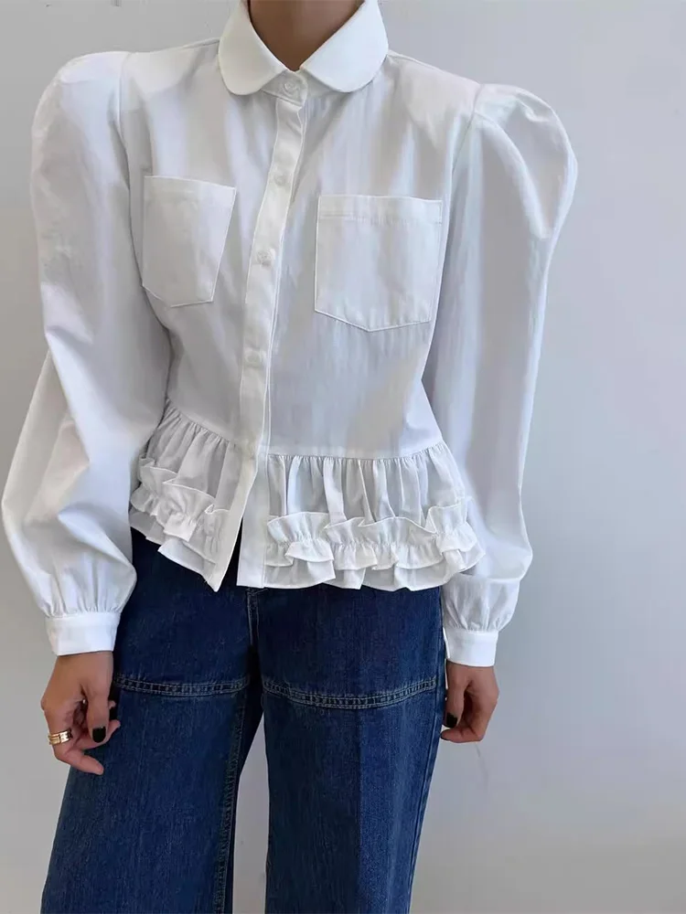 

Korean Chic Autumn New Design Splicing Ruffle Lace Hem Pocket Long Sleeved Shirt Top for Women