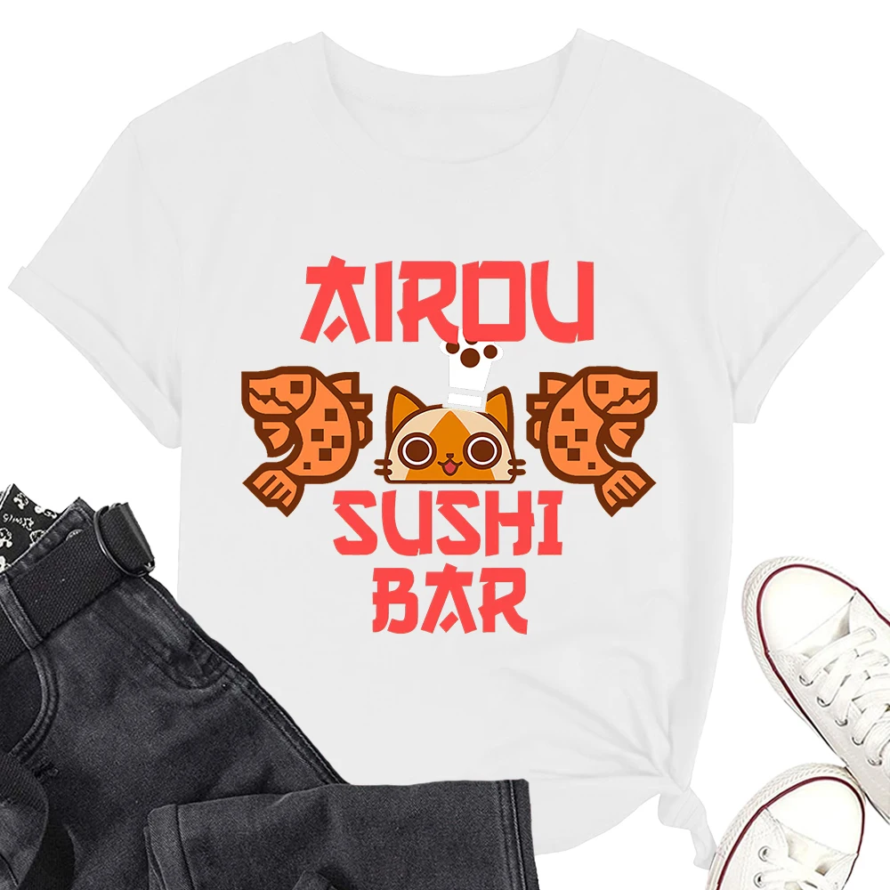 

Monster Hunter Game Airou sushi bar Cute T-shirt Men/Women Fans Gift Short Sleeve Tee Cotton Casual Shirts