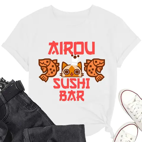 몬스터 헌터 게임 Airou 스시 바 귀여운 티셔츠, 남녀공용 팬 선물, 반팔 티, 면 캐주얼 셔츠 몬스터 헌터 게임 Airou 스시 바 귀여운 티셔츠, 남녀공용 팬 선물, 반팔 티, 면 캐주얼 셔츠