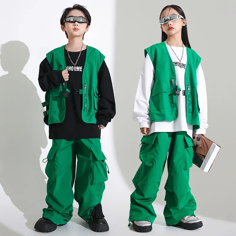 Kids Teen Boys Girls Streetwear Fashion Hip Hop Jazz Dance Clothes Cargo Vest Pants T-shirt Sets Children Tracksuits Costumes