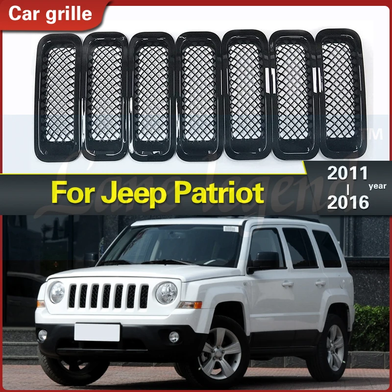 7Pcs Front Grille Grill Mesh Grille Insert Kit + Style Headlight Lamp Cover Trim for Jeep Patriot 2011-2016