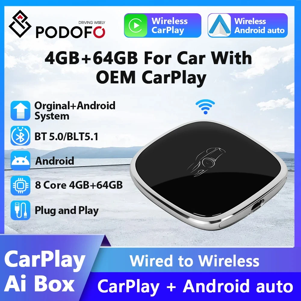 

Podofo Android Carplay Ai Box беспроводной Android Авто 4 Гб + 64 Гб Bluetooth 5,0 мультимедиа для автомобиля с OEM CarPlay