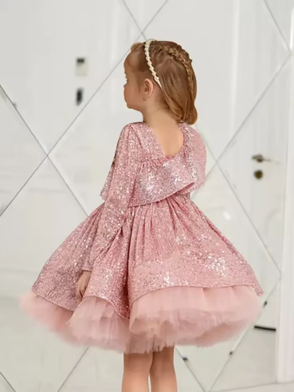 Customized Pink Sequins Tulle Long Sleeve With Bow Flower Girl Dress For Wedding Child's First Eucharistic Birthday Party Dress