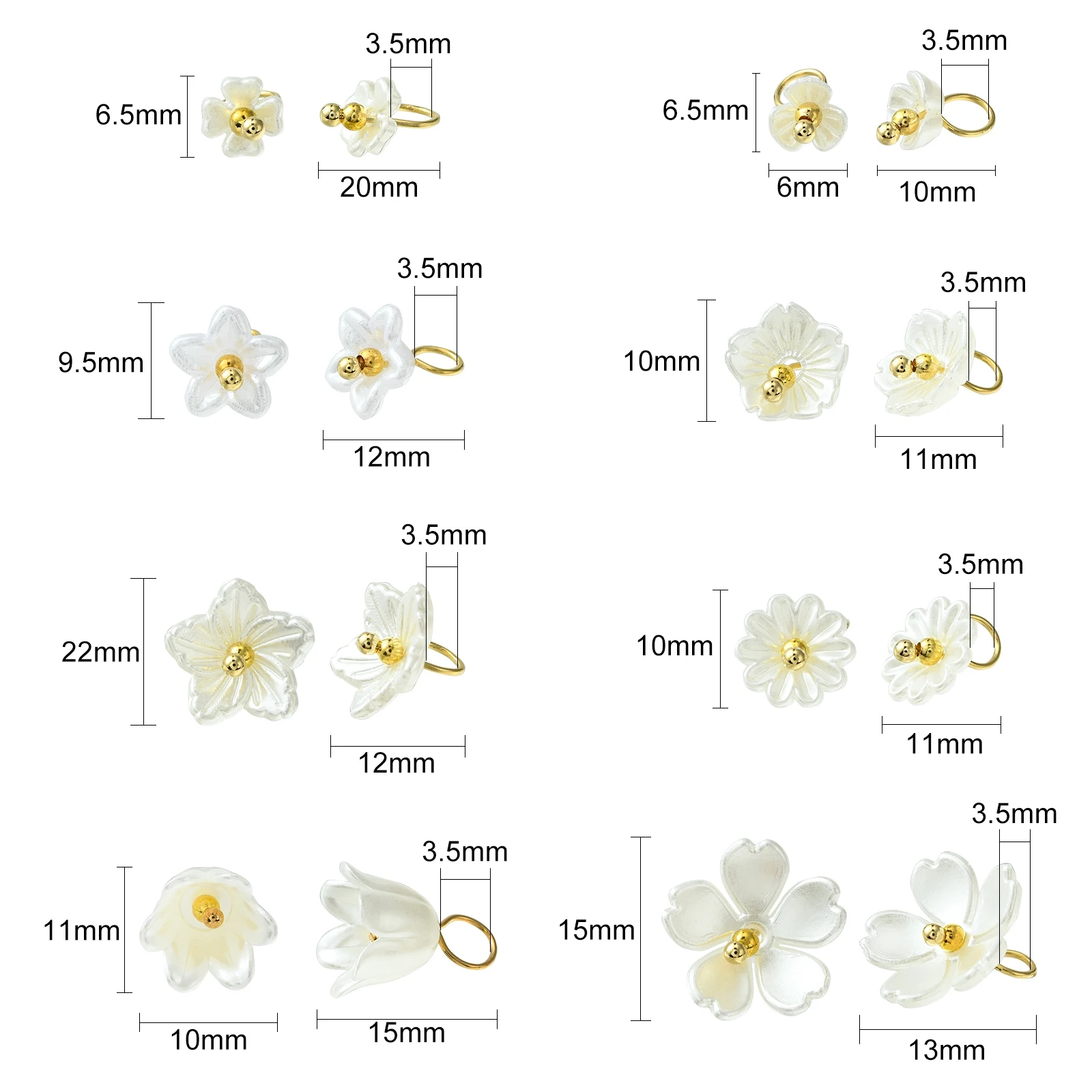 Pandahall 80Pcs 8 Styles White Flower Charms Imitated Pearl Acrylic Flower Charms for Jewelry Crafts Making