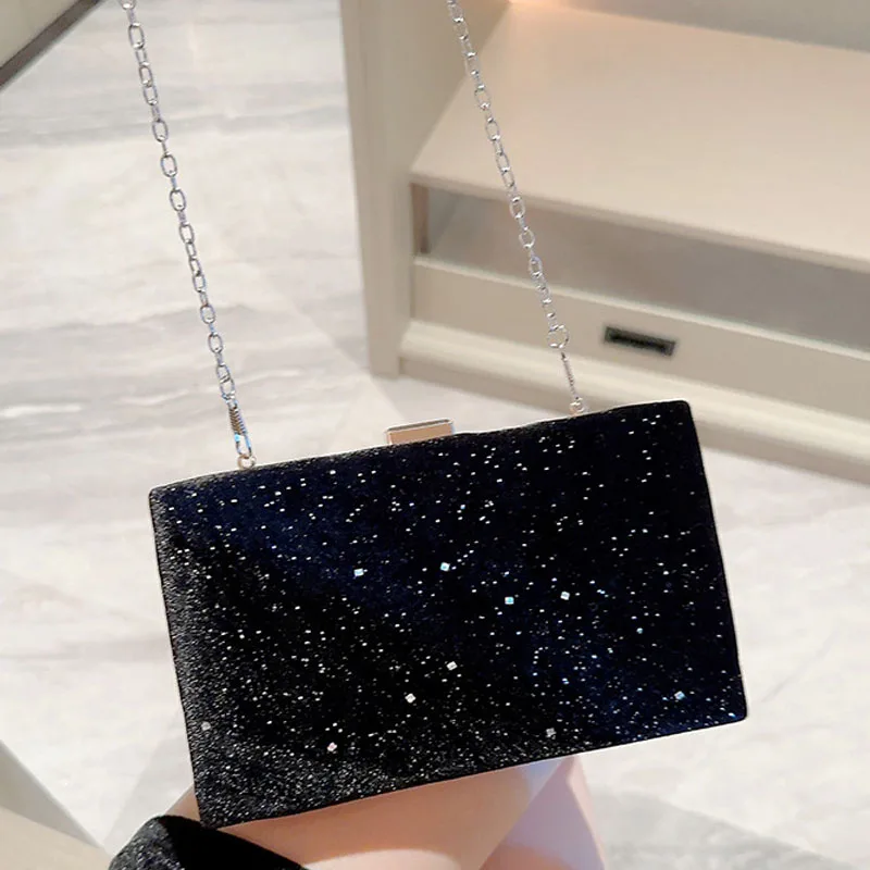 Bling Diamond Black Box Clutches Wedding Party Evening Bag For Women Silver Color Chain Shoulder Bag Crossbody Prom Handbags