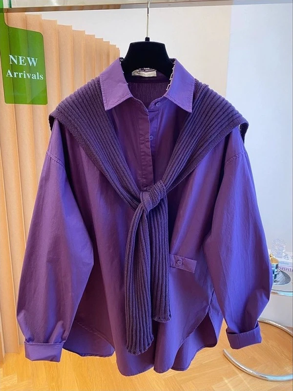 

plus Size Knitted Shawl Neck Shirt Women's Loose Slimming Two-Piece Set Autumn Fashion plus Size Korean Style Polyester ...