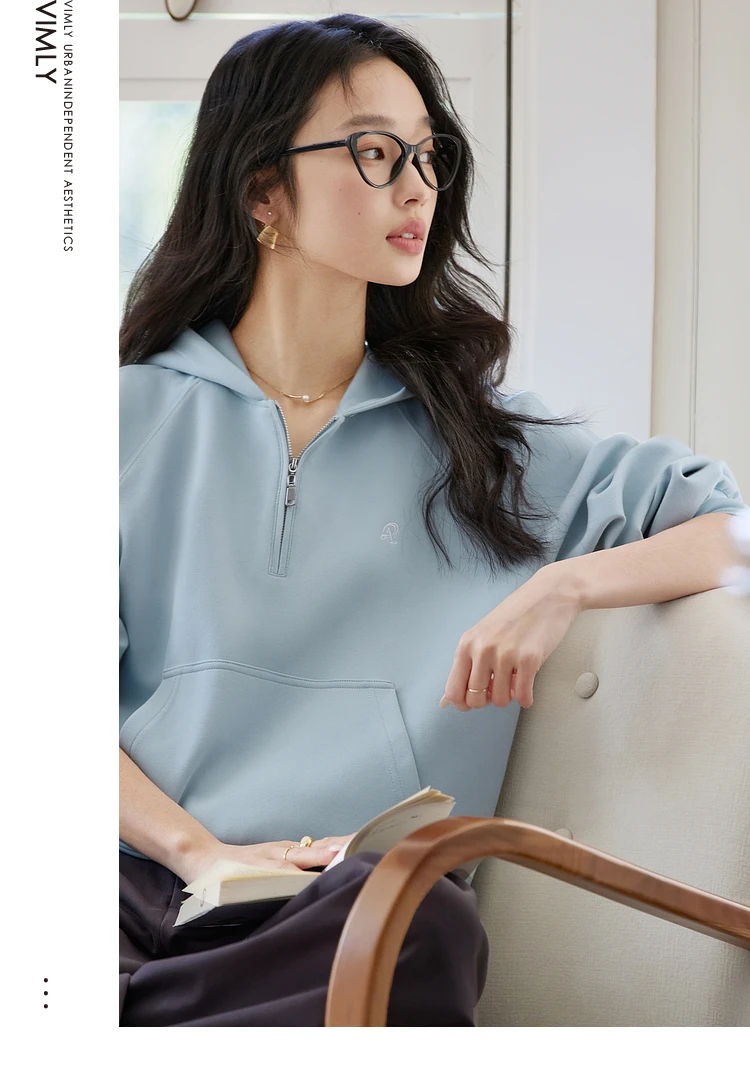 VIMLY Women's Hoodies 2025 Autumn Casual Blue Letter Embroidery Hooded Sweatshirt Loose Long Sleeve Tops Woman Clothes A0732