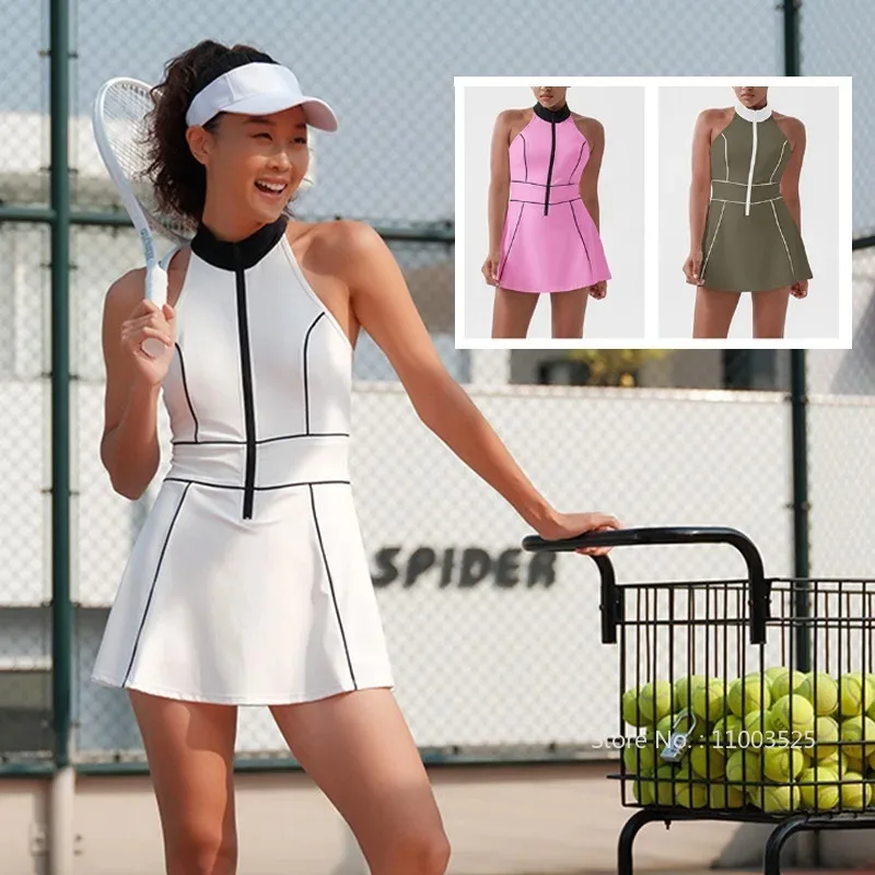 Women‘S Tennis Dress With Shorts Contrast Color Gym Sports Dresses Built-In Chest Pad Yoga Casual Dress Workout Athletic Outfit