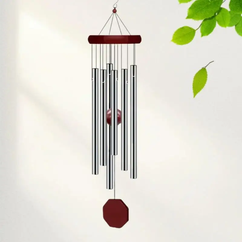 1Pc 6 Metal Tubes Courtyard Corridor Balcony Decor Retro Red Wood Aluminum Pipes Wind Chime Octagonal Wood Hang Tag