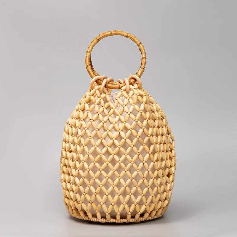 Women's Vacation Style Wooden Bead Bags Cute Bucket Shape Beach Bags Travel Hollow Out Handmade Woven Tote Bag Casual Bolsa