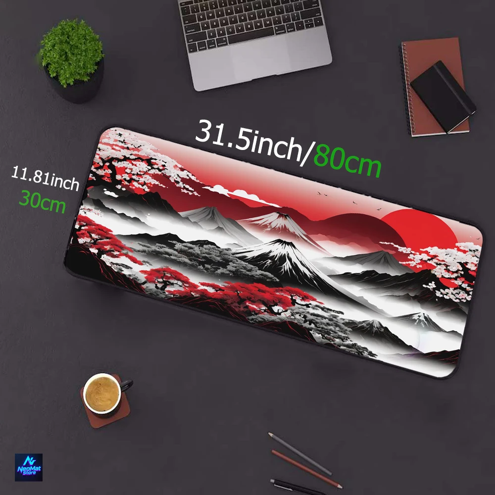 Japanese Style Mouse Pad Sakura Mount Fuji pc mat 80x30 aesthetic Red Sun Cherry Blossom Desk Mat Large Gaming Mousepad Black White Oriental Landscape Art Computer Desk Decor Office Accessories Extended pad XXL - view 5