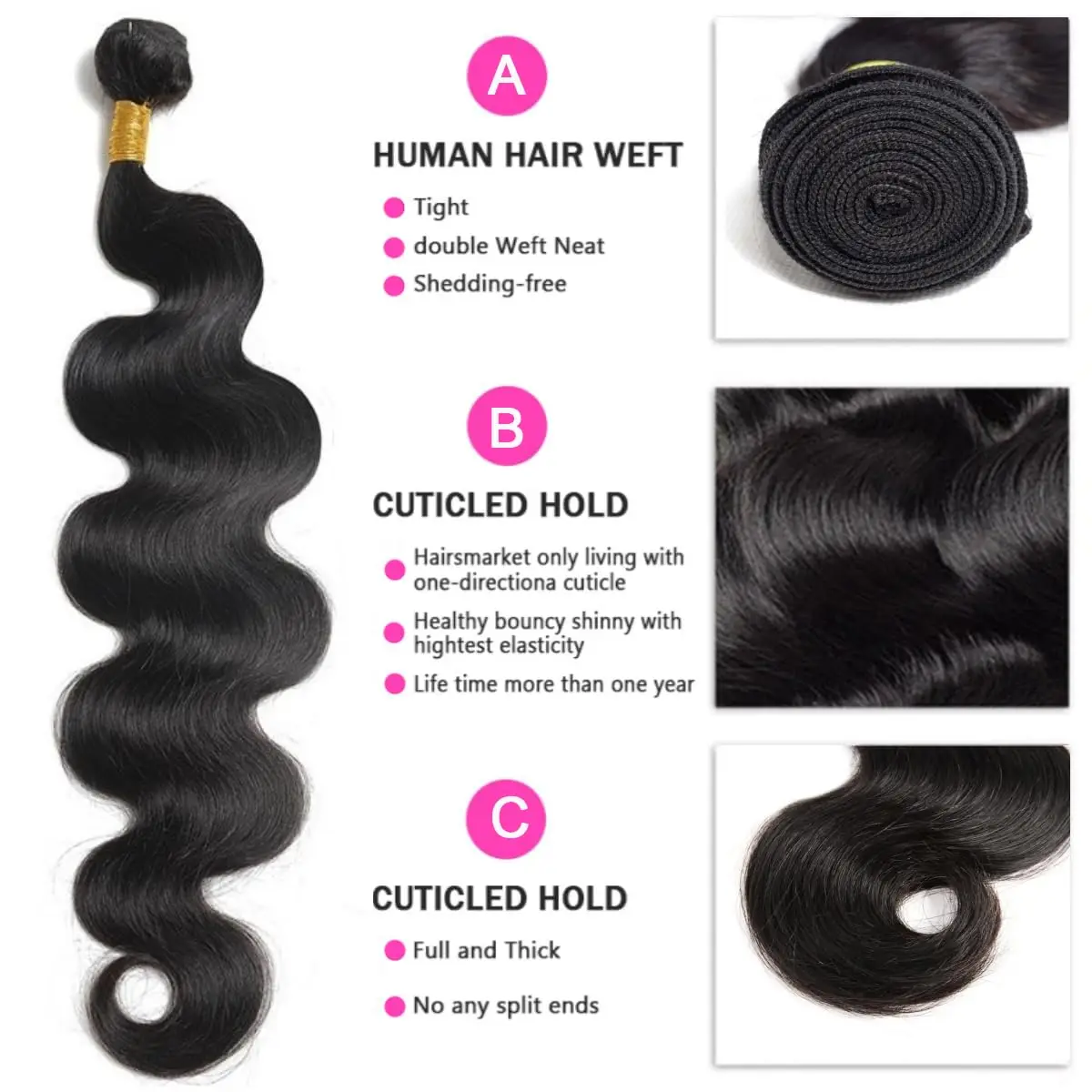 Bundle de cheveux humains Body Wave, 100% cheveux natifs brésiliens bruts, double tissage de trame, cheveux noirs naturels, 12A, 1 Bundle