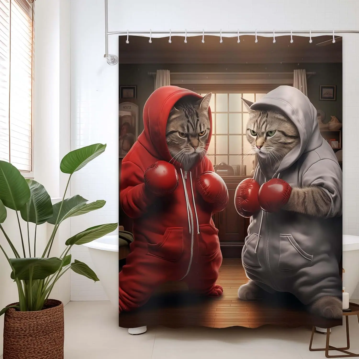 

Занавеска для душа с изображением кота, забавный детский бокс, крутой декор для ванной комнаты, водонепроницаемая ткань с крючками, 72x72 дюйма