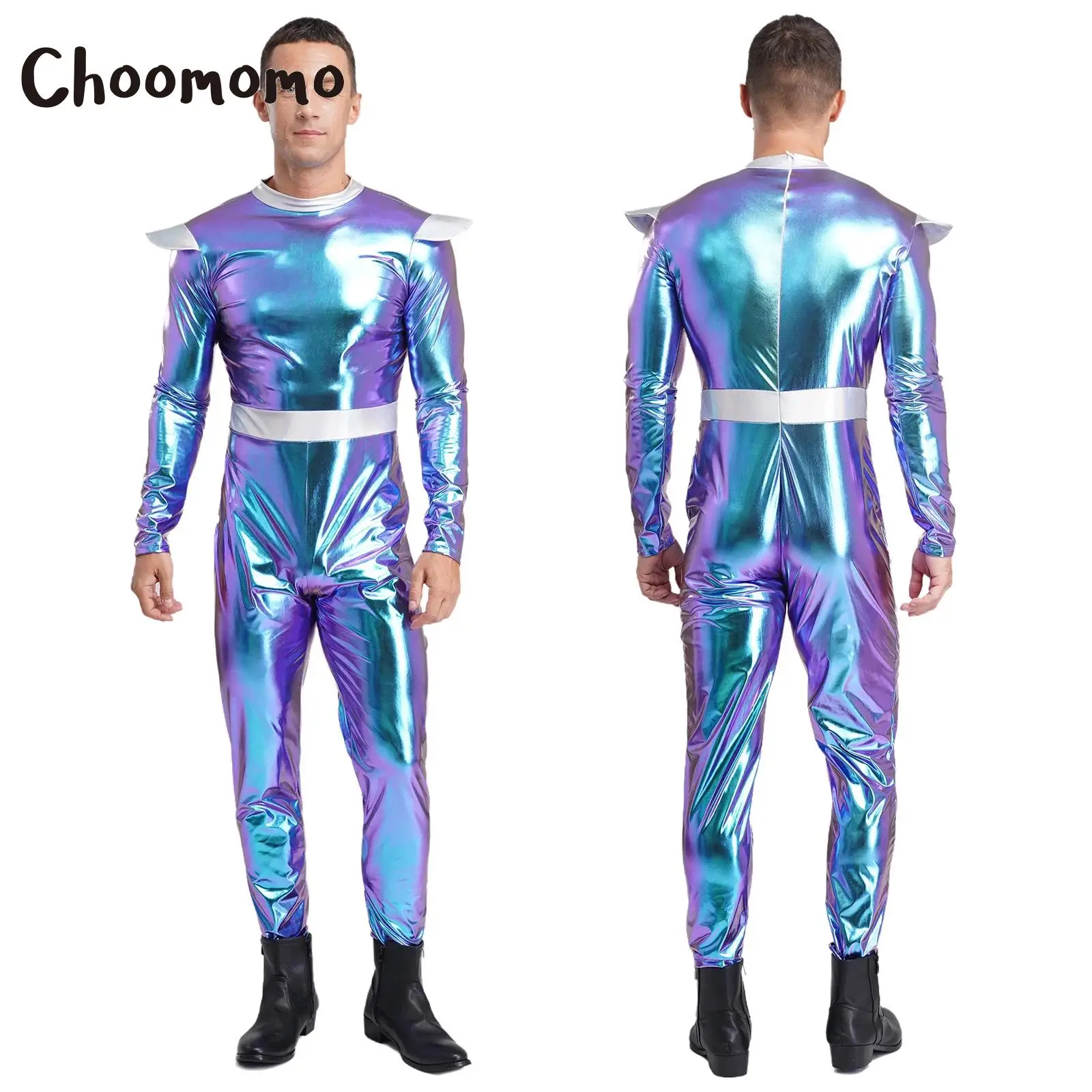 

Men Alien Costume Astronaut Robot Cosplay Long Sleeves Zipper Metallic Shiny Bodysuit Long Jumpsuit Outer Space Cutie Costume