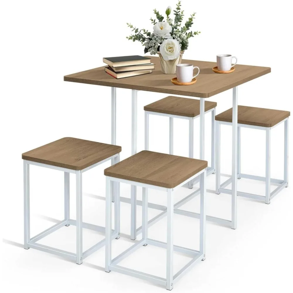 

Compact Dining Table Set for 4, Small Kitchen Table Set with Square Stools and Metal Frame, Perfect for Small Spaces, Home Kitc
