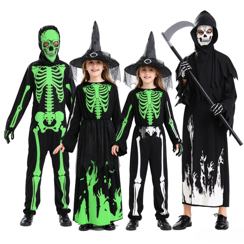 Halloween Glow In Dark Skeleton Costume Grim Reaper Cosplay Outfit with Hat Gloves