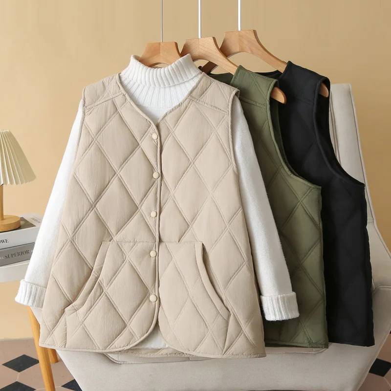 Fashion Plus Size Sleeveless Vest Women Autumn/Winter New Loose Vertical Pocket Parka Thin Argyle Coat 816