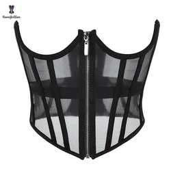 See Through Mesh Net women's 14 Glue Boned Cupless Chest Binder Bustier Underwire Waist Trainer corsetto con cerniera