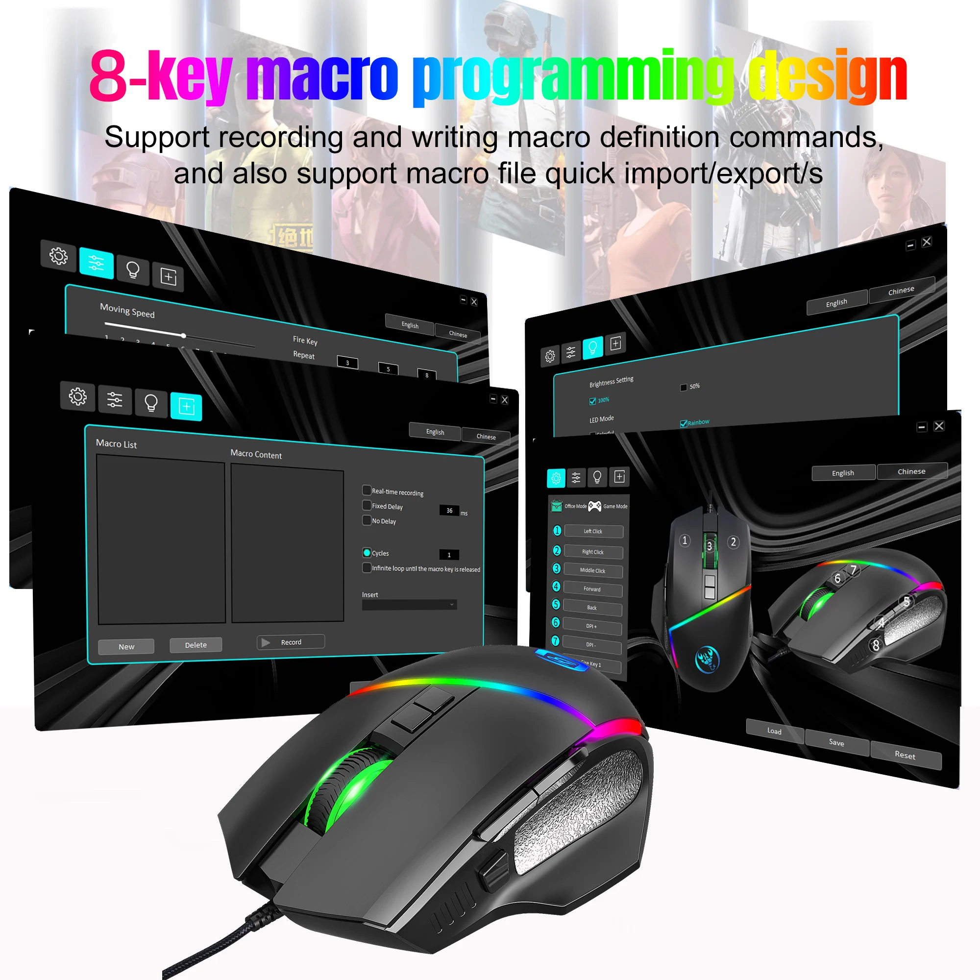 New arrival HXSJ A876Pro wired mouse gaming 8 buttons Macro programmable 1000HZ ergonomic RGB backlit game mouse for laptop