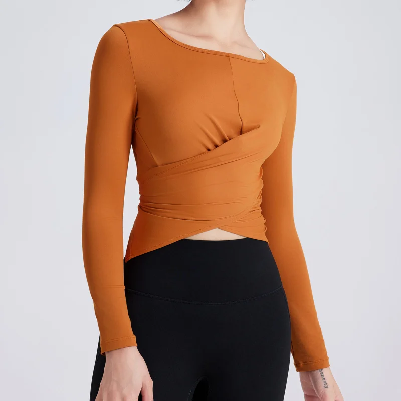 

Cross Button Slimming Yoga Suit, Long Sleeved Sports Top, Waist Slimming And Abdominal Slimming Fitness T-Shirt