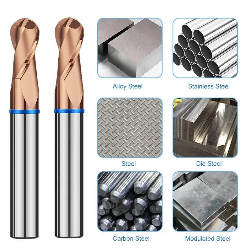 AZZKOR Color-Ring Coating Tungsten Steel Carbide 2F Bronze Ball End Milling Cutter For CNC Mechanical Endmills Tools TGB-HRC65