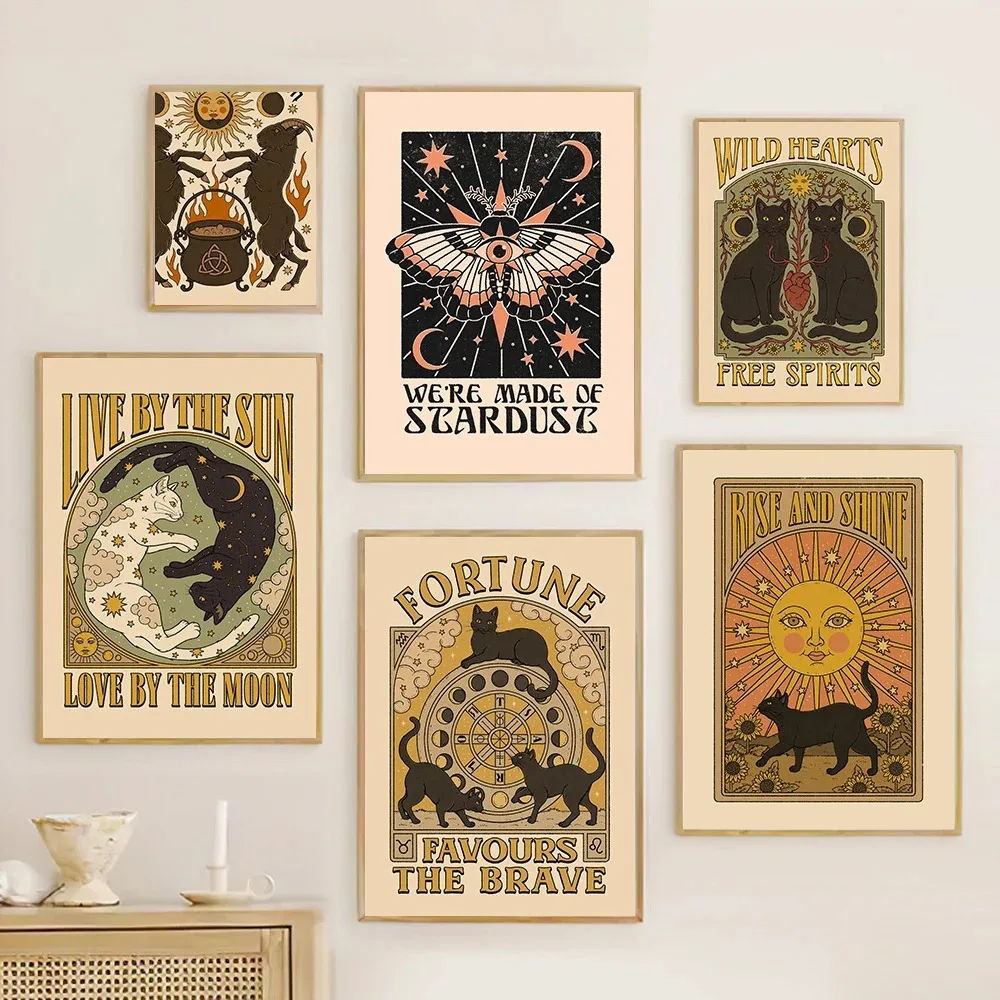 Retro Sun Life Love Moon Cat Wall Art Bohemian Sky Realm Black and White Cat Canvas Print Retro Tarot Card Style Home Decoration