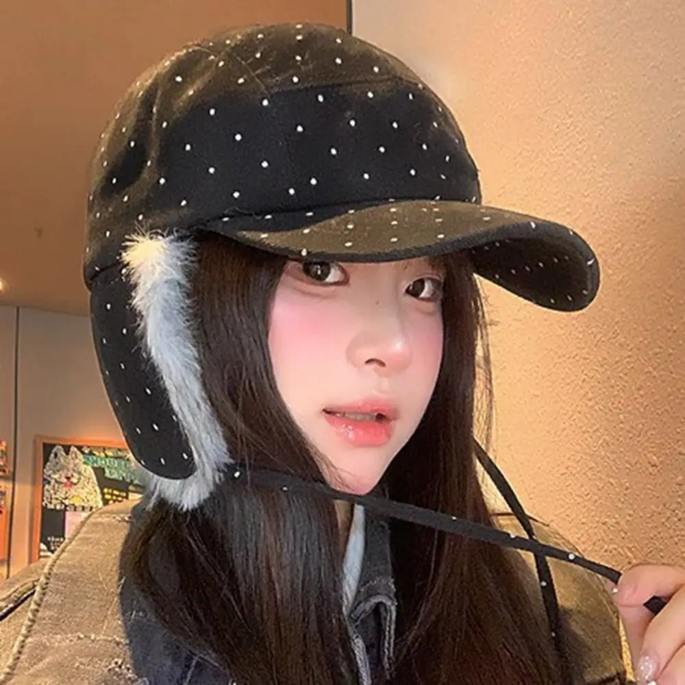

Retro Warm Baseball Cap Bear Wool Polka Dot Lei Feng Hat Korean Cute Ear Protection Hat Outdoor